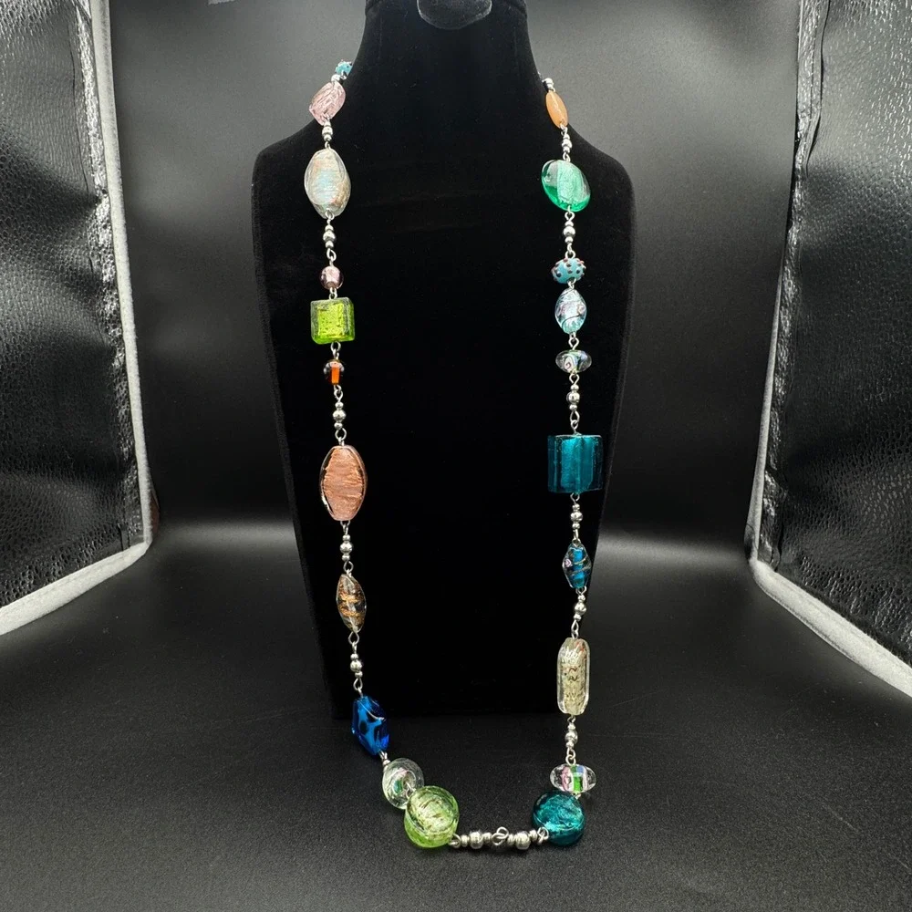 Lampwork Art Glass Bead Necklace Silver Tone Statement Premier Designs‎ 34in 79g